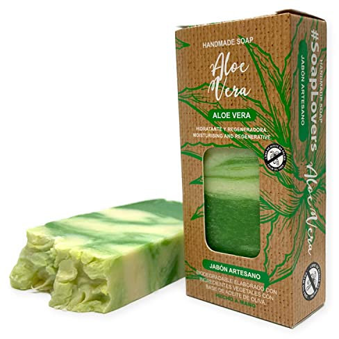 Jabón Natural de Aloe Vera - Jabon de Manos, Cuerpo, y Cara Hidratante y Regeneradora, Pastilla Sólida Ecológica y Artesanal, Fabricado en España, Vegano y Sin Aceite de Palma (100 g)