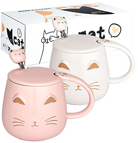 Juego de 2 tazas de café para gatos con tapa y bonita cuchara de gatito, juego de tazas de leche para amantes de los gatos, niñas y mujeres, regalo de cumpleaños de Navidad, 450 ml, blanco y rosa