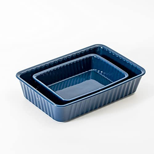 Juego de 2 platos rectangulares de cerámica para hornear, para lasaña para cocinar, cocina, pasteles, cenas, banquetes y uso diario, 12 x 8 pulgadas y 9 x 6 pulgadas (azul oscuro)