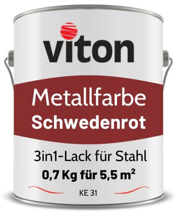 Viton Metallfarbe in Rot - 0,7 Kg Metall-Schutzlack Seidenmatt - Dauerhafter Schutz & hohe Beständigkeit - 3in1 Grundierung & Deckfarbe - Metalllack direkt auf Rost - KE31 - RAL 3011 Schwedenrot