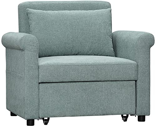HOMCOM Poltrona Letto Singolo con Schienale Regolabile in 4 Posizioni, Tessuto Traspirante Effetto Lino e Seduta Imbottita, 96x84.5x87.5 cm, Verde