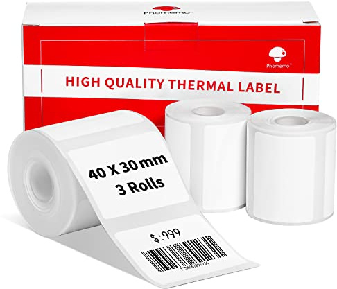 3 Rolls Phomemo M120/M110 Labels, 1.57 x 1.18 Inches (40 x 30 mm) Thermal Label Paper for Phomemo M200/M221/M220/M100/M108 Label Printer, Thermal Label, White Thermal Paper, 100 Labels/Roll