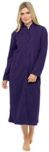 Vestaglia lunga da donna in morbido pile, taglie UK dalla 10 alla 24, vestaglia con cerniera frontale e tasche frontali con cerniera, Viola, 22-24
