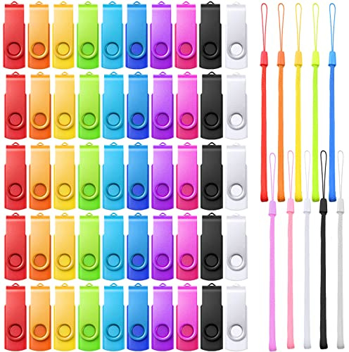 Xuhal 50 Pcs 128mb Flash Drive Pack Portable USB Thumb Drives with Lanyards Flash Memory Storage Device Swivel Thumb Bulk for Data Storage Backup Transport Migration, Mixed 10 Color