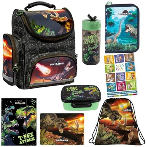 Goldkids Schulranzen Set 8er Ranzen Tornister Federmappe Turnbeutel Gummizugmappe Brotdose Trinkflasche Unterlage Aufgabenheft für die Grundschule Dinosaurier Dino Motiv