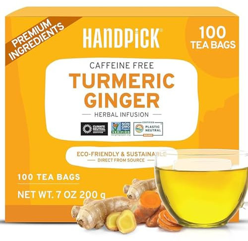 HANDPICK, Turmeric Ginger Tea Bags (100 Herbal Tea Bags) Caffeine Free, Gluten Free | Made from 100% Pure Turmeric & Ginger Root | Curcumin-Rich | Packed in Eco-Friendly Teabag