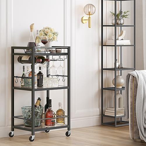 TUTOTAK Barwagen Home Bar Servierwagen mit 3 Ebenen Spiegelregal Getränkewagen Mobiles Küchenregal mit Weinregal Rollender Getränkewagen Schwarz BC01BK033