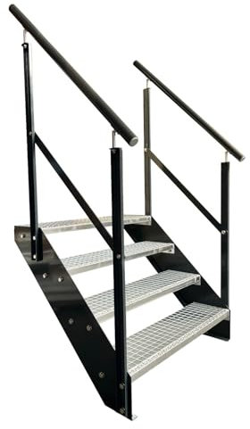 Kaminbau Mierzwa Premium Stahl Treppe mit beidseitigem Geländer/Wangen und Geländer Anthrazit RAL 7016/4 Stufen verzinkt (Breite 1000 mm) (Höhe 76 cm) Wetterfest Gitterroststufe Gartentreppe