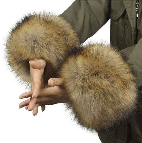 SYSUII 1 Paare Armstulpen Fell Stulpen, Damen weiche Kunstpelz Pulswärmer Fell Manschetten Warmers Pelz Armstulpen Kunstfell Fellstulpen Wärmer Faux Fell Pelz Stulpen Armstulpen für Frauen -Khaki #3