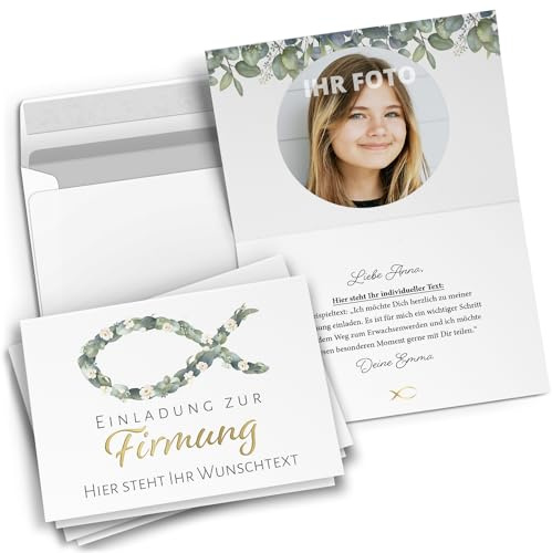 10 personalisierte Einladungskarten Firmung mit eigenem Text und Foto - Ichthys Fisch - Einladungen zur Firmung mit Umschlägen Jungen und Mädchen