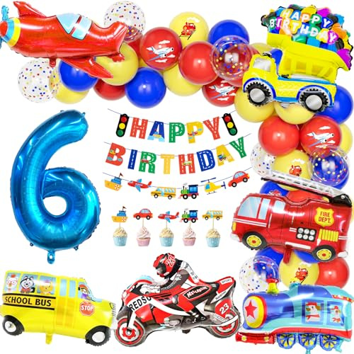 Teselife Globos Decoración Cumpleaños Niños Transporte, 6 Años Niño Cumpleaños Globo Número 6 Decora Tren Autobús Escolar Camion Bomberos Avión Motocicleta Pancarta Fiesta Accesorios