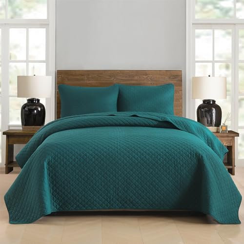 ENASAL Tagesdecken Bettuberwürf aus Baumwolle 220x240cm mit 2 Kissenbezüge für Doppelbett 230x250cm, 3 teilig Steppdecke Bettdecke weiche Ganzjahresdecke,Rautenmuster Türkis