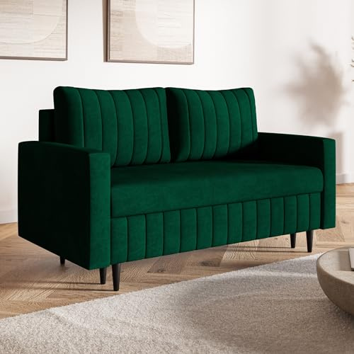 MOTIVENA Leo 2-Sitzer Schlafsofa, 160 cm Breit, Schlafsofa mit Schlaffunktion, Samt Sofa Grün