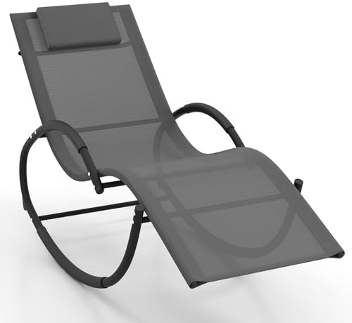 COSTWAY Schaukelliege mit Abnehmbarer Kopfstütze, Sonnenliege, Liegestuhl, ergonomische Schwingliege, Gartenliege bis 160 kg belastbar, Relaxliege für Garten, Terrasse (Grau)