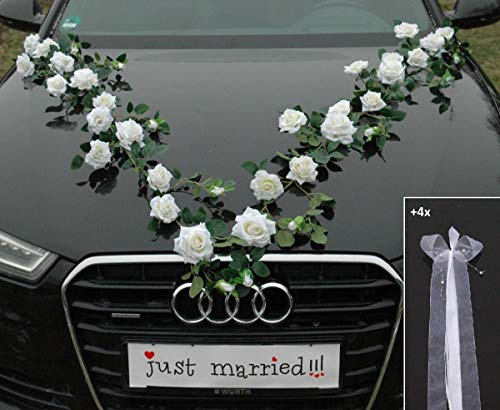 TOPDEKO Autoshmuck perfekte Samtrosen, natürliche Rosenblätter, höchste Qualität Braut Paar Rose Deko Dekoration Hochzeit Car Auto Wedding (RG weiß)