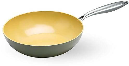 AMERCOOK Wok professionale AmVegan Chef by Fran Lopez con manico rivettato e antiaderente in ceramica all'olio d'oliva, adatto a tutti i tipi di fornelli anche a induzione (diametro 28 cm)
