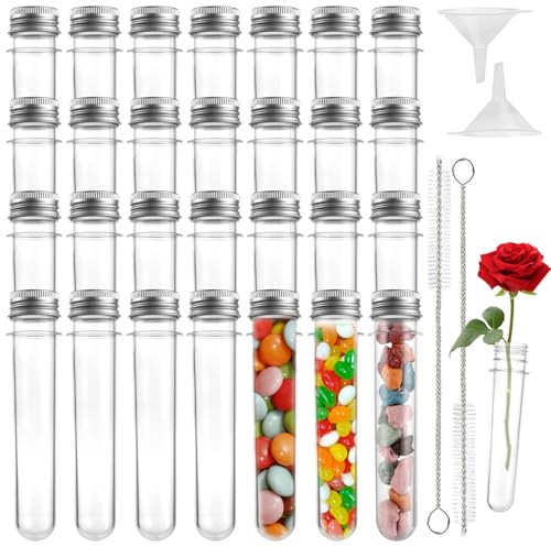 SHUESS 50 Stück Reagenzglas mit Schraubverschluss, 45ml Kunststoff Reagenzglas mit 2 Trichter und Reinigungsbürste, Transparent Reagenzglas für Blumenvase Beads Süßigkeiten Glas Perlen Labor