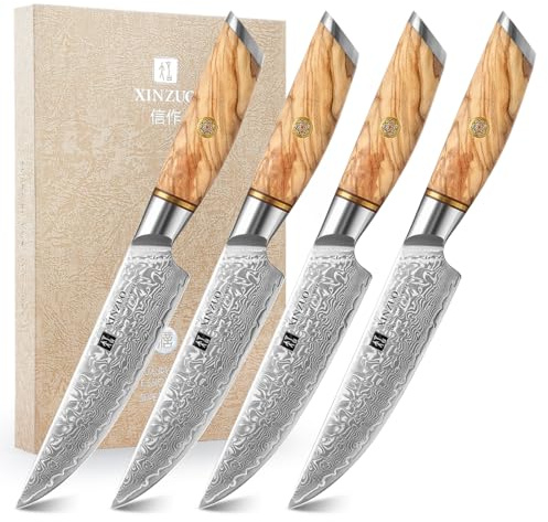 XINZUO 73 Layer Damascus Steak Knife Set of 4 – Non Serrated, Ultra Sharp Fine Dining Table Knives with Olive Wood Handle, Premium Gift Box