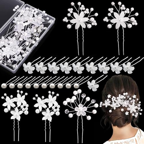 25 Pièces Épingle Cheveux Mariage en Forme de U, Accessoire Cheveux Mariages Pince Bijoux Cheveux Fleur Perle Strass Cristal, Barrette Cheveux Mariage pour Mariée Femme Fille
