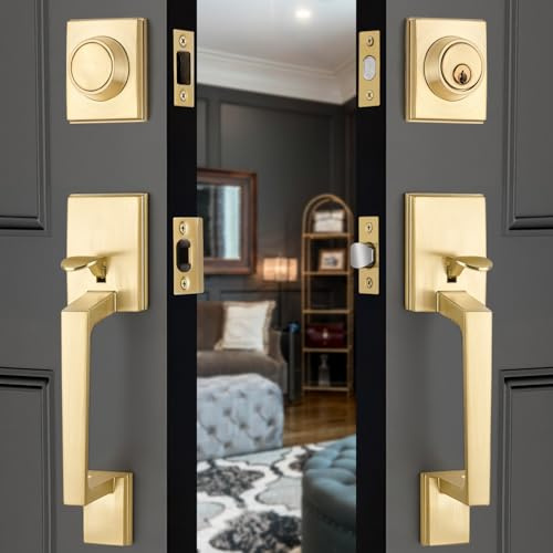 EHOMEWARE Double Front Door Handle Set, 1 Pack Satin Brass Square Door Lever, Exterior Door Knob & Deadbolt Combo, Door Lock Set for Front/Back/Office Doors, Heavy Duty Door Handle | Exterior Door Knob & Single Cylinder Deadbolt | Door Lock Set for Front/Back/Office Door | Heavy Duty Door Handle, Reversible