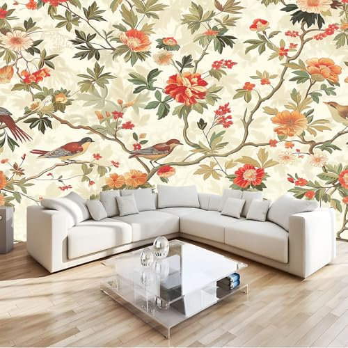 Carta da Parati Fiori Uccelli Tradizione 250x175 cm Art Sfondo Murale Fotografica per Soggiorno Camera Ristorante Camera dei Bambini e Decorazione da Parete