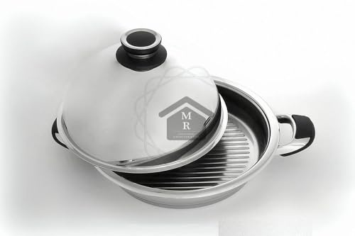 Officine Prandelli Poêle grill avec couvercle en dôme en acier inoxydable 18/10, Ø 28 cm, capacité 4,3 litres, triple fond multicouche, convient à induction
