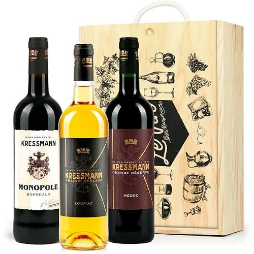 Coffret bois 3 vins de Bordeaux (2 rouges, 1 moelleux) - Caisse bois 3 bouteilles 75cl