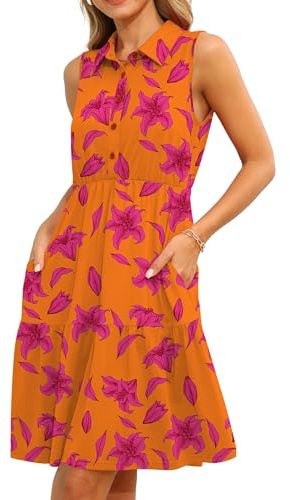TIANZHU Mini robe florale pour femme, robe d'été légère avec poches à ourlet à plusieurs niveaux, tailles S à 2XL, Lys orange, S