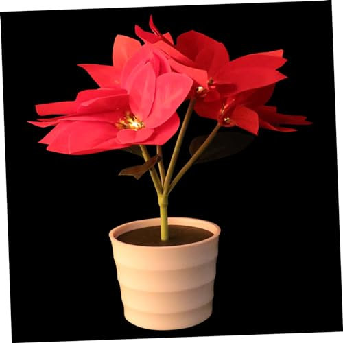 OSALADI Simulation Poinsettia Flower Pot Night Light, Decorative Desktop Lamp with Warm White Led, Floral Home and Christmas Festival Lighting, Random Leaf Size and Base Style