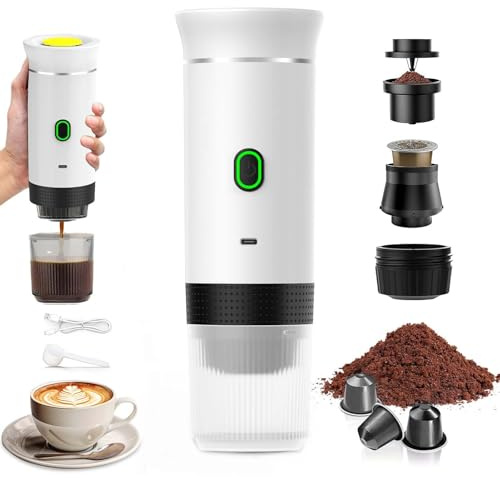 PZCC Caffettiera portatile/ricaricabile da 12 V con custodia, per caffè espresso, a riscaldamento rapido, per campeggio/auto, compatibile con capsule K-Cup, caffè macinato, da viaggio (bianco)