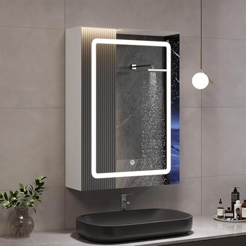 BFYDOAA Wandspiegel Schrank mit Beleuchtung und Aufbewahrung, 50 x 70 cm, Badezimmerspiegel, LED-Spiegel, Spiegelschrank mit 2 Einlegeböden – 3 LED-Farben, Touch-Schalter