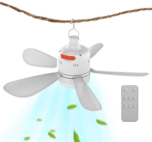 Ventilateur de plafond pour camping, gazebo d'extérieur, télécommande, batterie longue durée et rechargeable par USB, refroidisseur à vitesse réglable pour patio, voyage