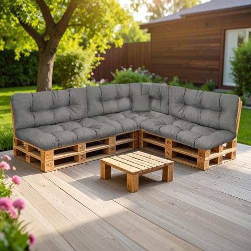SLIPIO Palettenkissen für Europaletten, 8-TLG. Set, wasserfest, Dunkelgrau | Palettenpolster; FÜLLPRO+ Füllung; 3x Rückenkissen 120x40 cm + 3x Sitzkissen 120x80 cm + 60x40 + 50x50