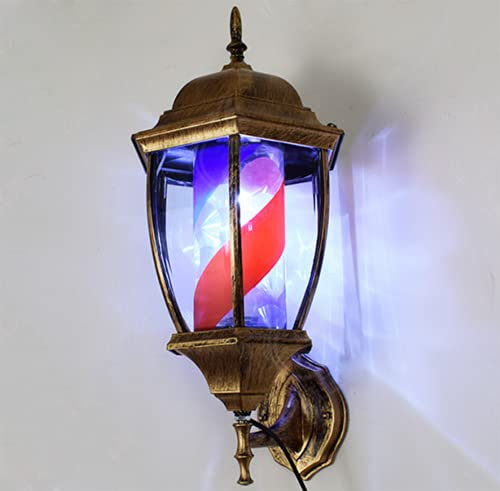 Lámpara de Poste de barbería de Bronce Retro para Exteriores, lámpara LED de Poste de barbería, lámpara de Pared giratoria de iluminación Tradicional para salón de peluquería, con Rayas Rojas, Azule