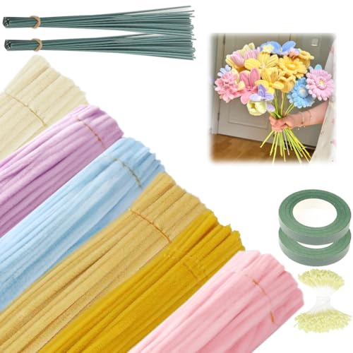 600 Stück Pfeifenreiniger, Pfeifenputzer Zum Basteln, Pipe Cleaner, Pfeifenputzer zum Basteln, Bunter Macaron-Blumenstrauß, Pfeifenreiniger zum Basteln, mit Blumendraht, Schleifenband (6 Farben)