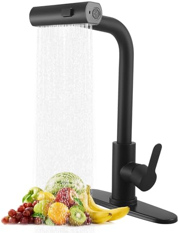 Kitchen Mixer Tap, Black Waterfall Stainless Steel Kitchen Mixer with 360° Swivel Spout, 3 Spray Modes Pull-Out Sprayer, Single Lever Hot and Cold Mixer Tap with Decorative Panel