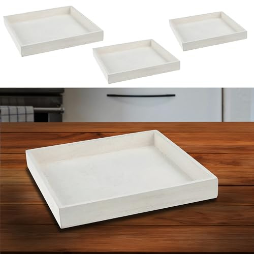 Holztablett 3er Set | 3 Größen Holzstärke 1cm Paulowniaholz weiß quadratisch | Dekotablett Tablett (1 x 3er Set Dekotablett weiß quadratisch)