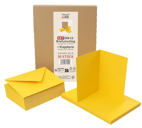 PresentFill 50er Set blanko Falt-Karten inkl. Briefumschläge ohne Fenster Sonnen Gelb I Klappkarten DIN A6 I Umschläge C6 I Made in Germany I 100% Recycling Kraftpapier I Blauer Engel zertifiziert