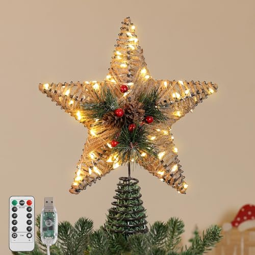 Lewondr Christmas Tree Topper, 8.98'' Rustic Christmas Star Tree Topper with Pine Cone and Leave, 30 LED Bulbs, 6H Timer, 8 Light Modes, USB and Remote Control Xmas Treetop Star, Brown