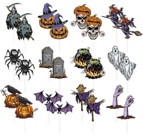 LQIOACU 24 Pezzi Decorazioni Torta Halloween, Toppers per Cupcake Con Pipistrello, Zucche, Fantasma, Scheletro - Decorazione per Torte e Feste