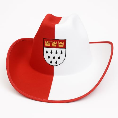 TrendandStylez Stylischer Köln Cowboyhut Rot-Weiß mit Kölner Stadtwappen – origineller Fanartikel, Kostüm-Accessoire & Karnevalshut – Perfekt für Karneval, Partys, Events– Hochwertiger Filzhut