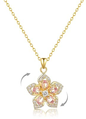 AOSWUD Goldkette Damen mit Drehbarem Kristall Blumen Anhänger,Blumenkette Gold Verstellbar,Zierliche Anhänger Kette Gold für Frauen