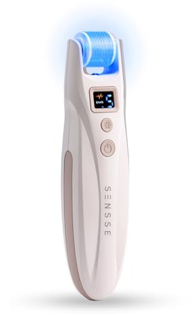 SENSSE MicroGlo Microneedling & EMS Facial Device – 0.25mm Titanium Derma Roller with Red & Blue LED Light Therapy, Microcurrent Face Toning Device for Skin Texture, Firming & Serum Absorption