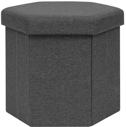 PINPLUS Sitzhocker mit Stauraum, Leinenstoff, 38 cm H Sitztruhe, Dunkelgrau | Sechseckig, faltbarer Hocker mit Deckel, Fußablage, geräumiges Staufach, platzsparend, für Wohnzimmer, Schlafzimmer, Flur