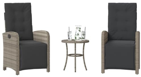 GeenYuu 3-TLG. Bistro-Set mit Kissen Grau Poly Rattan, wetterfestes Garten Möbel Set mit verstellbarem Relaxsessel und Gartentisch, pflegeleicht für Balkon Terrasse und Outdoor
