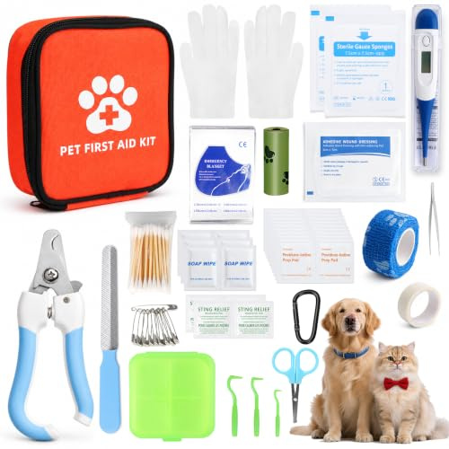 Erste Hilfe Set für Hund und Katze 105 Teile Erste Hilfe für Haustiere | Kleine Hundeapotheke mit Digitalem Thermometer und Krallenschere für Notfälle zu Hause und Outdoor