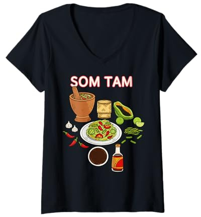 Femme Illustration Culinaire de Salade Som Tam Épicée T-Shirt avec Col en V