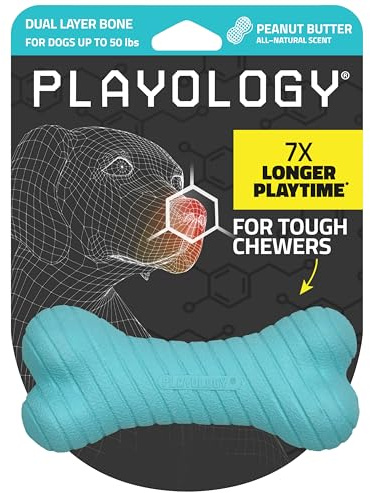 Playology Hundeknochen - Spielzeug für mittelgroße Hunde (15-30 Pfund) - Natürlicher Erdnussbutter-Duft, langlebig für Aggressive Kauer - 1 doppellagiger Blauer Knochen