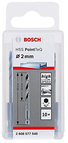 Bosch Accessories PointTeQ 10 punte esagonali per metallo, Ø 2 mm, lunghezza 24 mm, lunghezza totale 60 mm, attacco esagonale, accessori per avvitatore a percussione e trapano