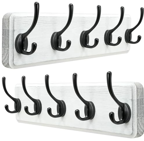 Dseap Garderobenleiste für Wandmontage mit fünf haken – Stabile, hölzerne Wandgarderobenleiste, Hakenleiste für Kleidung Hut Jacke Mantel, Weiß und Schwarz, 2pcs